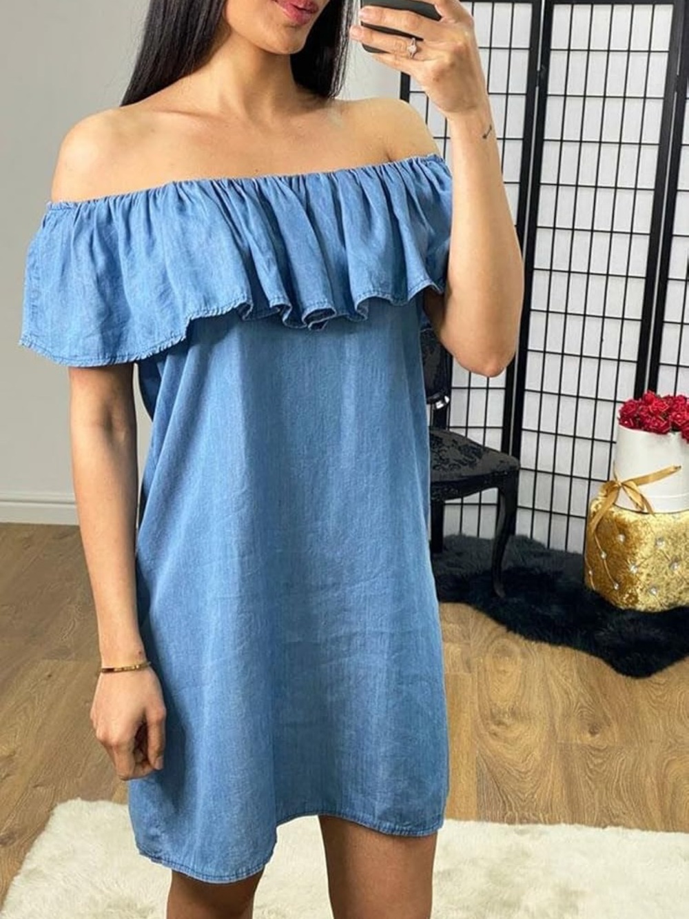 Devoted Chambray Off-the-Shoulder Ruffle Tencel Blue Jean Denim Midi Dress Small
